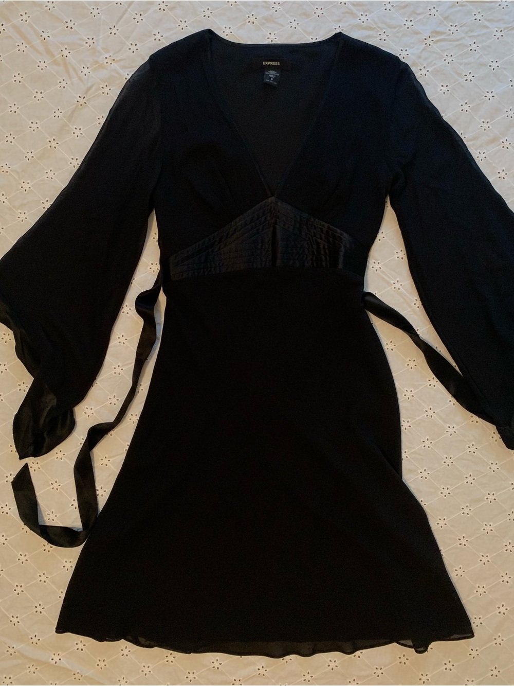 express - silk dress with tie back detailing and bell sleeves